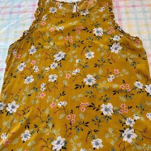 Maurices Mustard Floral Ruffled Neck Tank